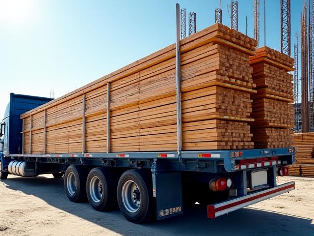 Construction lumber and equipment on an open deck flatbed