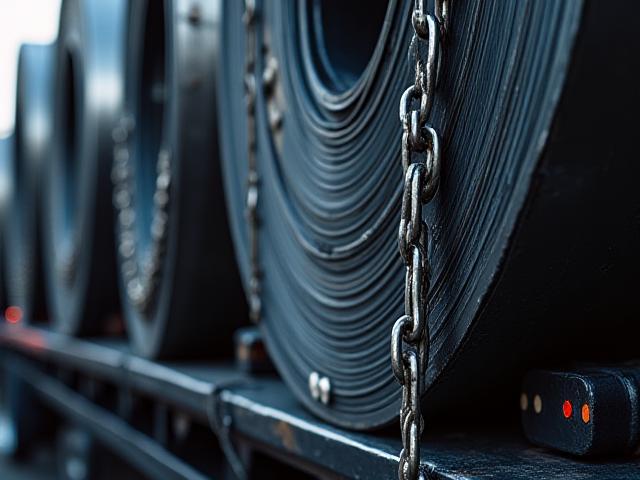 Large steel coils secured on a flatbed trailer