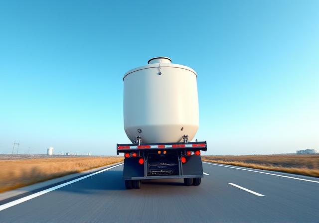 Lowboy trailer transporting a tall industrial tank