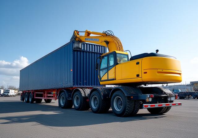 Removable Gooseneck RGN trailer loading a large excavator