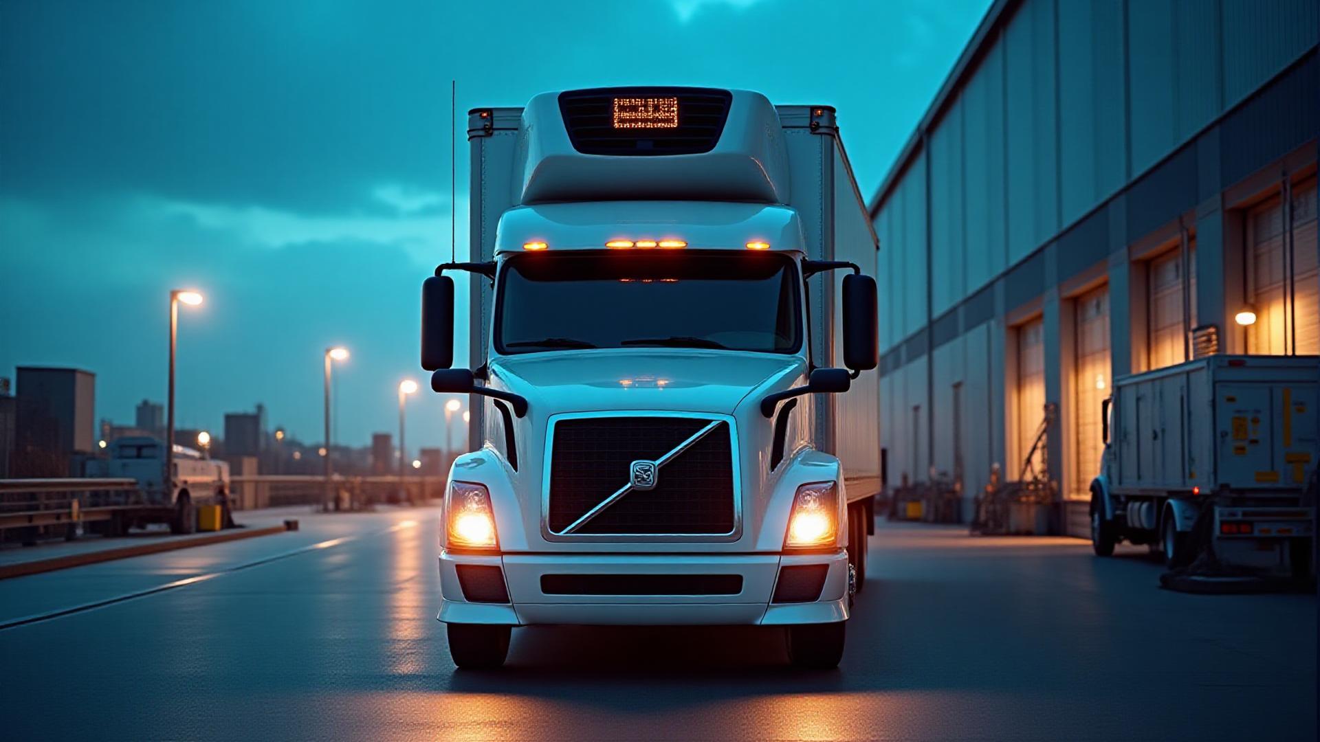 A modern refrigerated truck trailer with visible cooling unit parked against a twilight sky